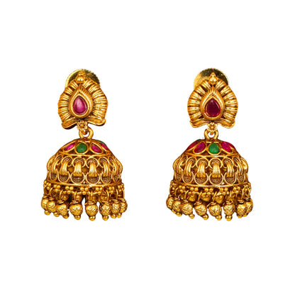 Lightweight Minimal Temple Jhumka – Gold-Plated Ruby Work