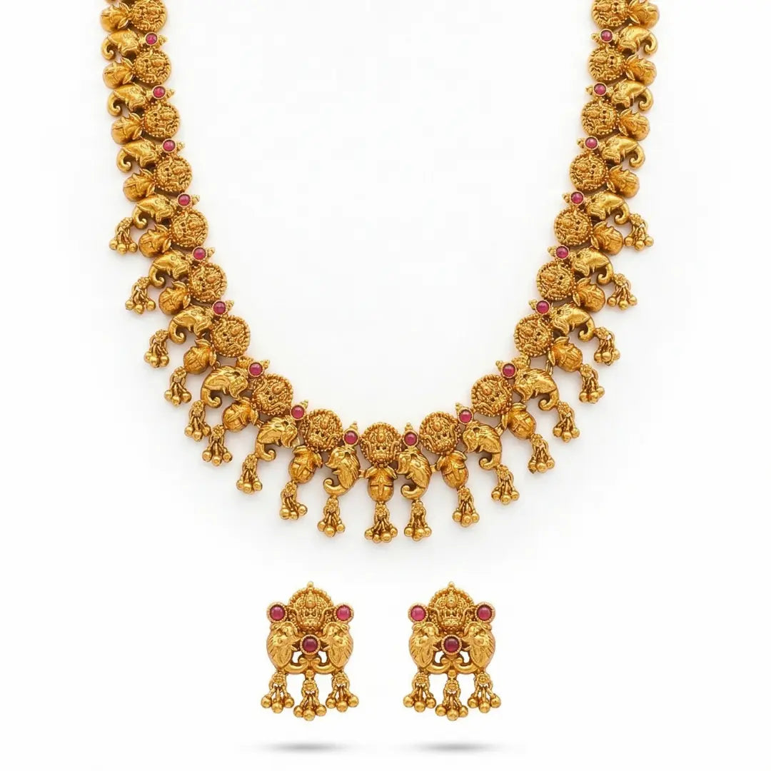Elephant Motif Temple Jewellery Short Necklace Set with Jhumka K-1870
