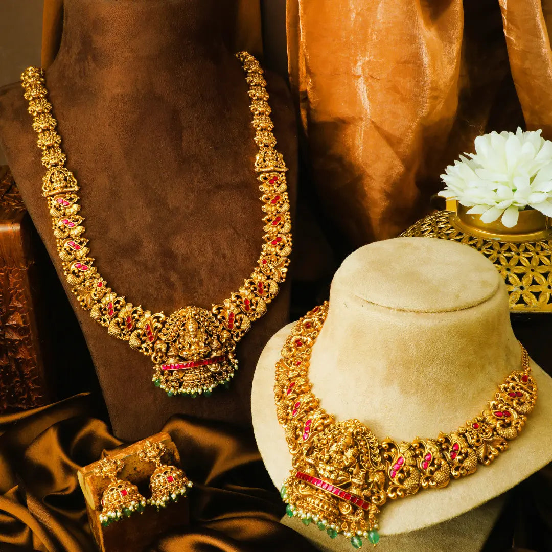 Gajalakshmi Bridal Combo Necklace Set | Gold-Plated Temple Jewellery