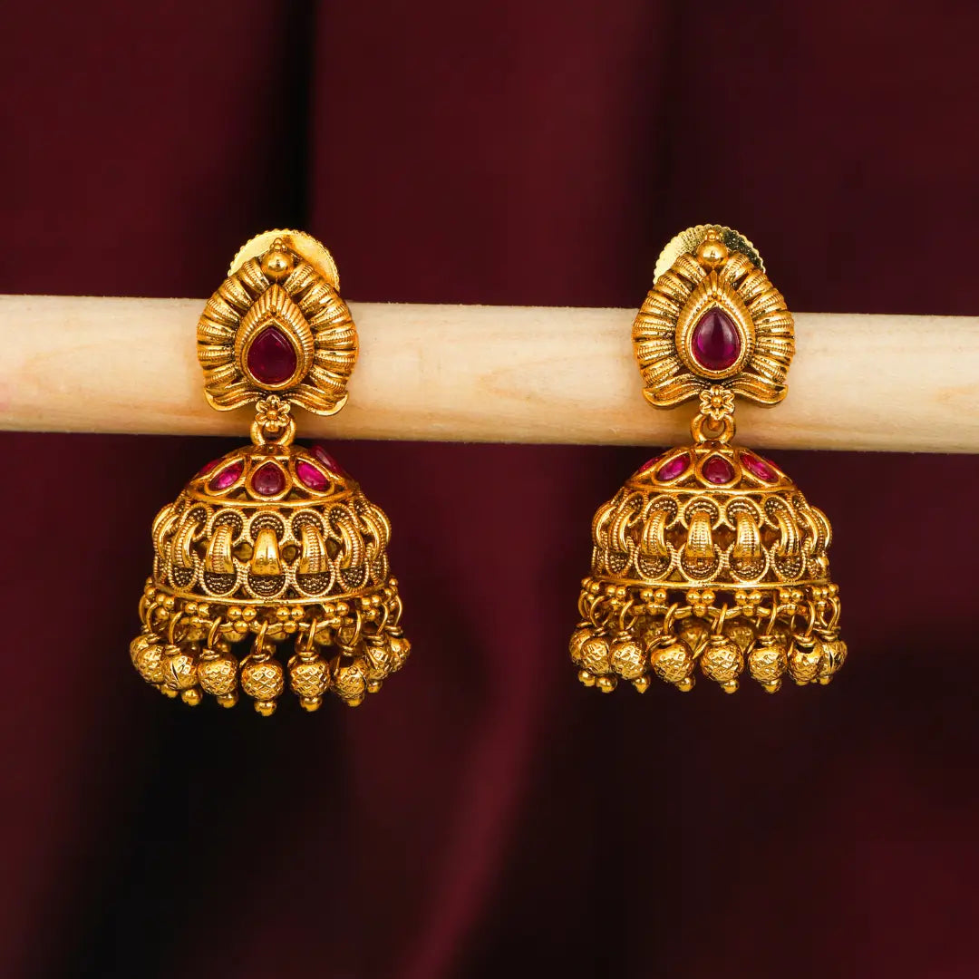 Lightweight Minimal Temple Jhumka – Gold-Plated Ruby Work