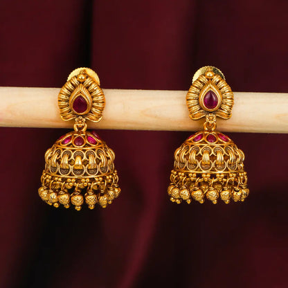 Lightweight Minimal Temple Jhumka – Gold-Plated Ruby Work