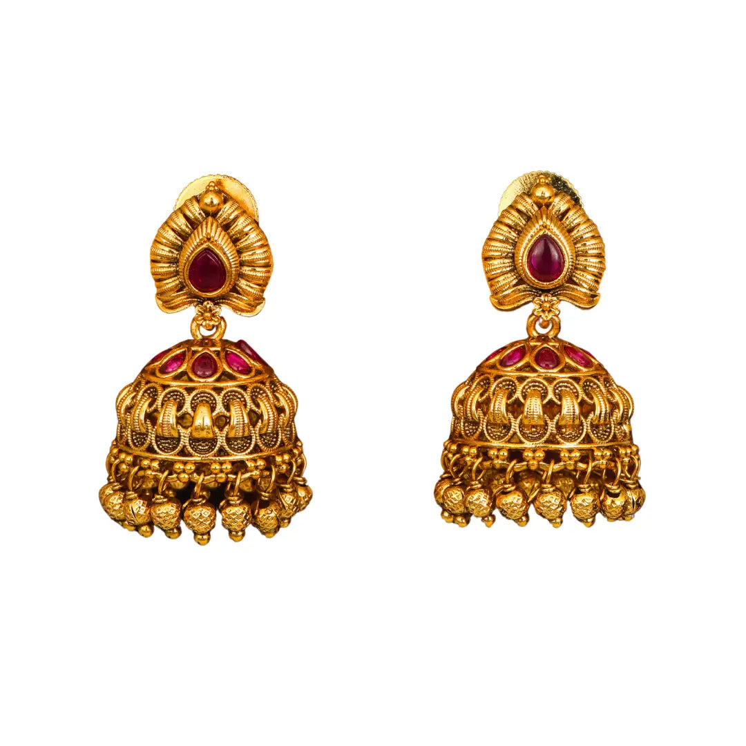 Lightweight Minimal Temple Jhumka – Gold-Plated Ruby Work