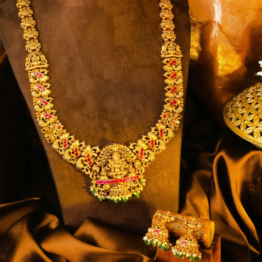 Bhuvana Pushpa Haar Long Necklace Set | Gold-Plated Temple Jewellery J-1052