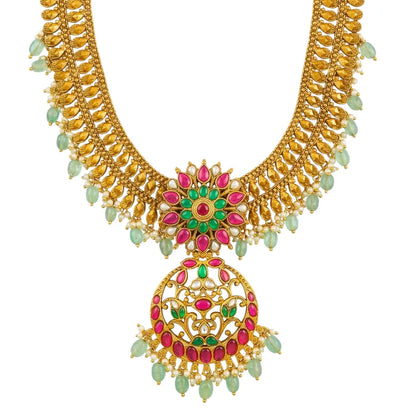 Floral Temple Jewellery Short Necklace Set with Pendant & Jhumka