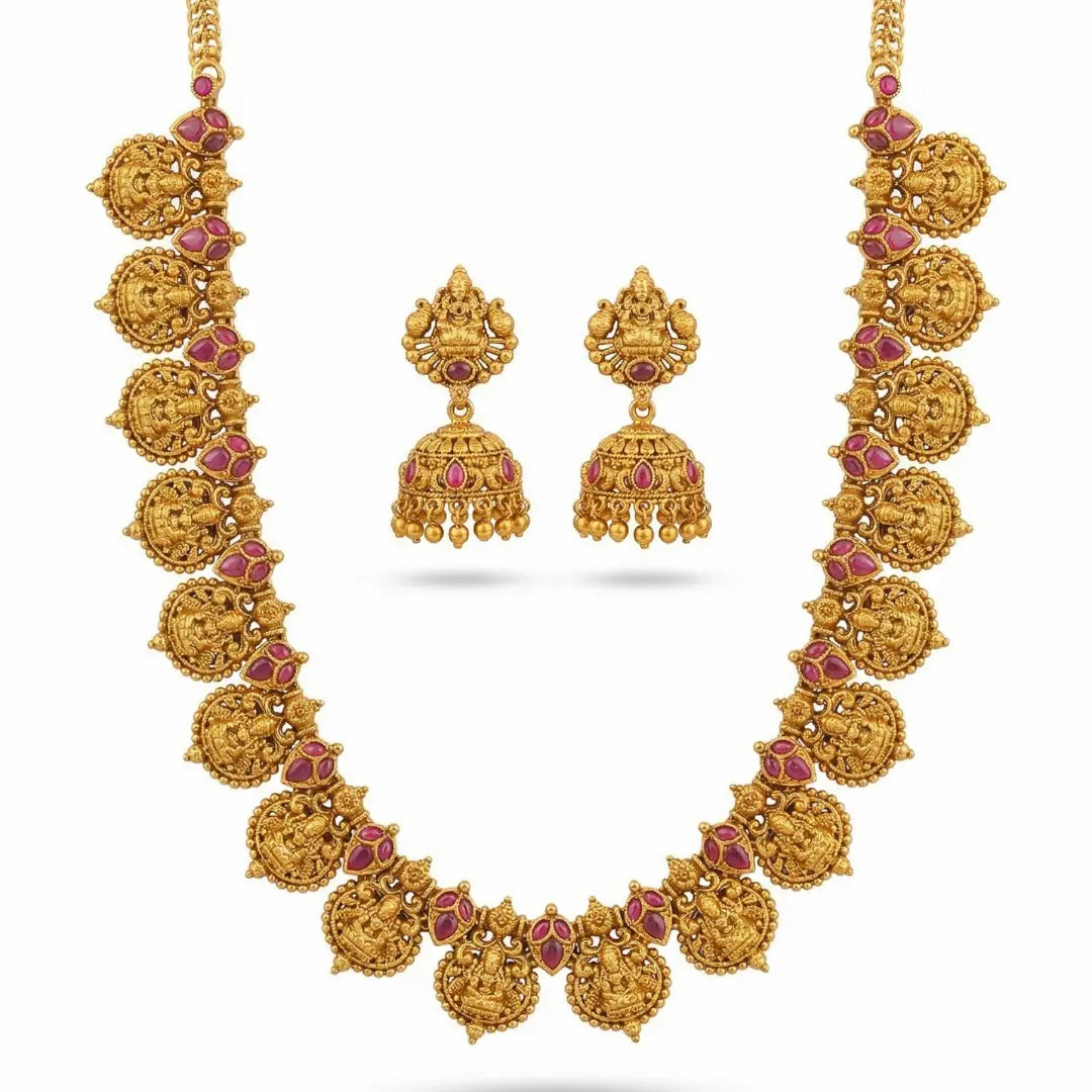 Patra Ghungroo Temple Jewellery Short Necklace Set with Bead Drops K-1845