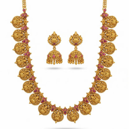 Patra Ghungroo Temple Jewellery Short Necklace Set with Bead Drops K-1845