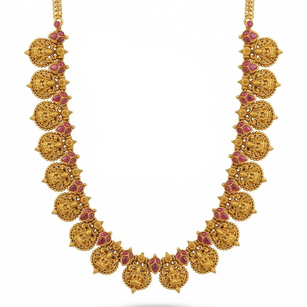 Patra Ghungroo Temple Jewellery Short Necklace Set with Bead Drops K-1845