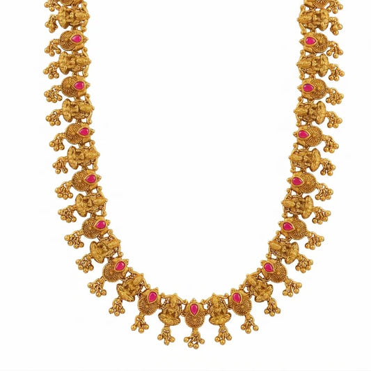 Lakshmi Temple Jewellery Short Necklace Set with Ruby Stones J-833