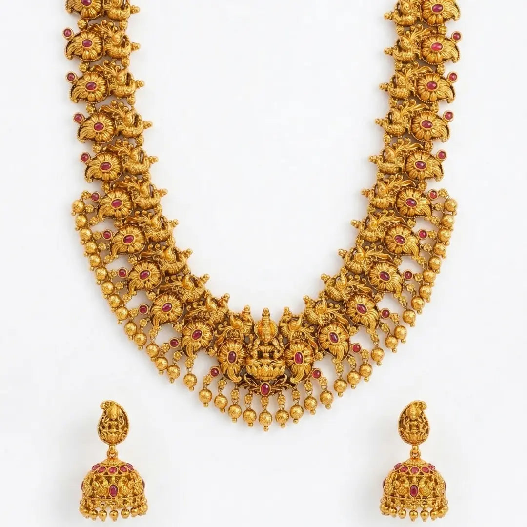 Lakshmi Temple Jewellery Short Necklace Set with Jhumka Earrings k-1910