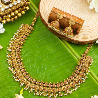 Kamala Mukta Temple Jewellery Short Necklace Set with Pearl Motifs