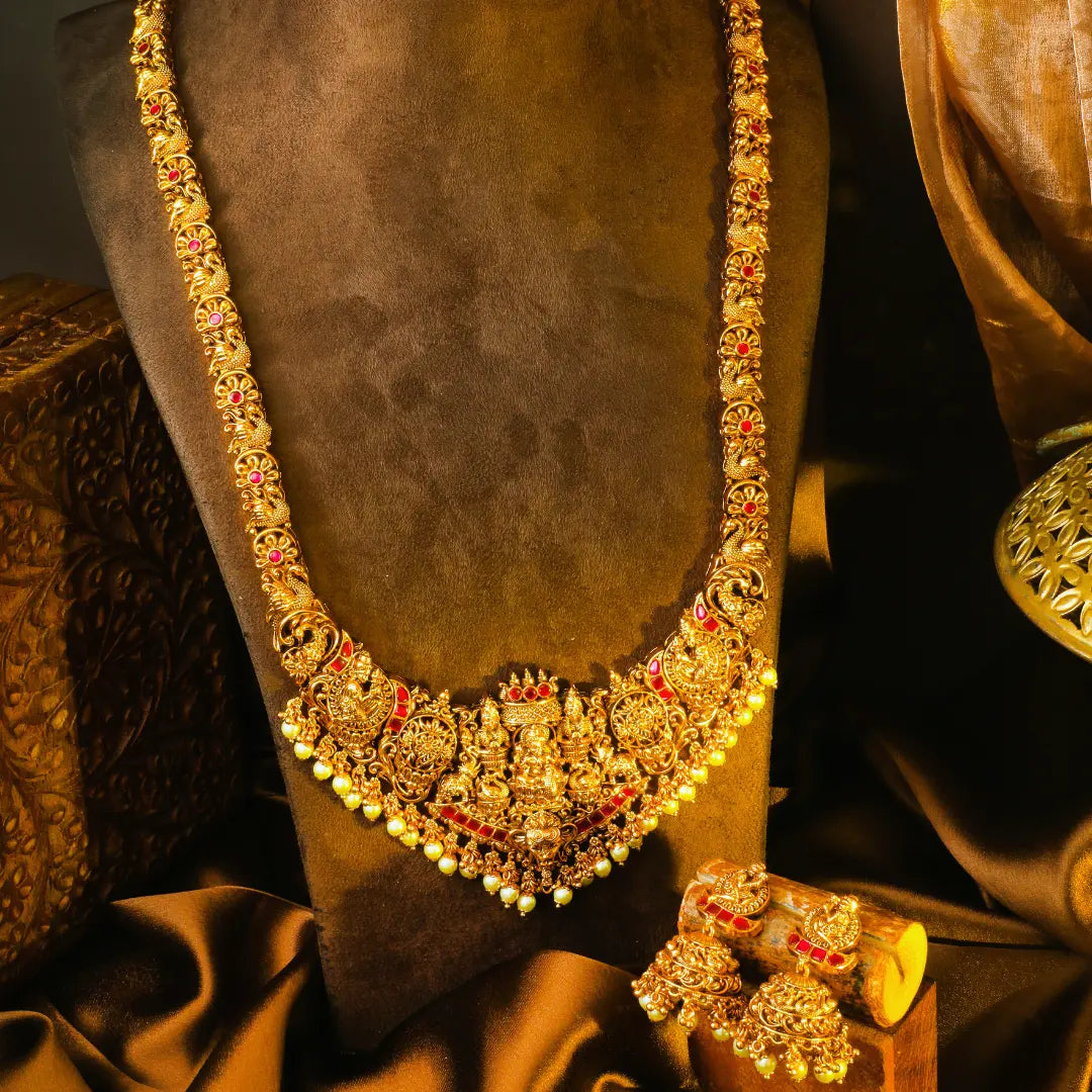  Rukmini Bhushana Kantha Long Necklace Set | Gold-Plated Temple Jewellery J-1056