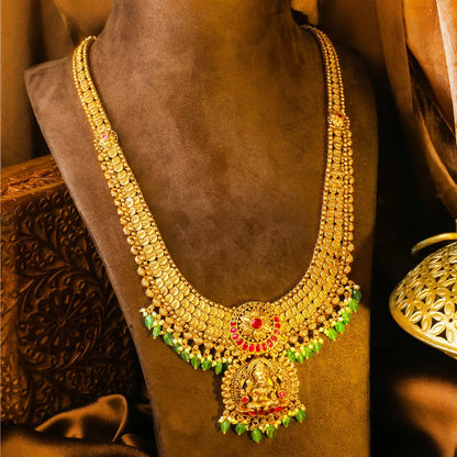 Antique Swarna Manga Mala Long Necklace Set | Gold-Plated Temple Jewellery
