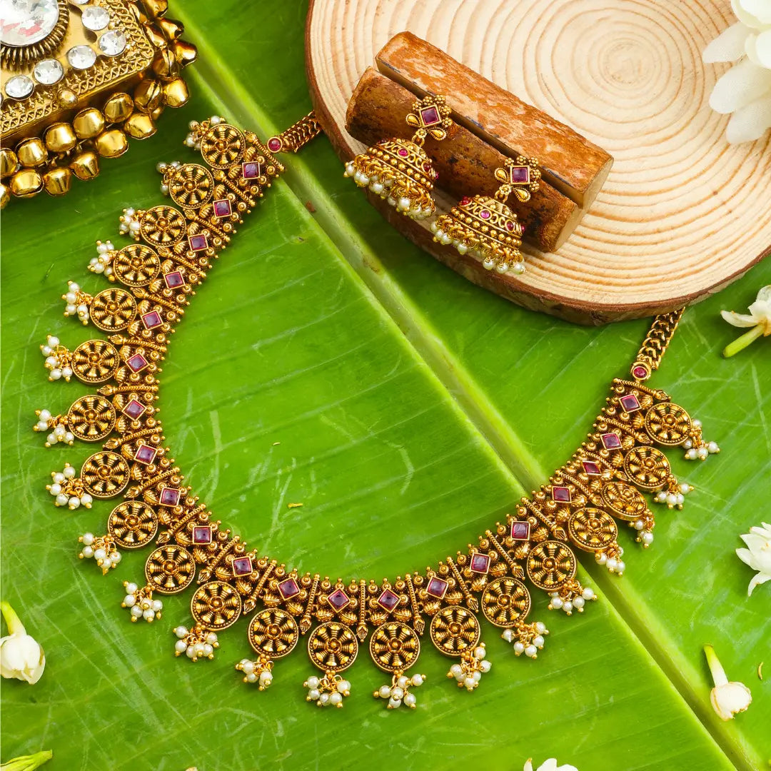 Chakra Mukta Temple Jewellery Short Necklace Set with Pearl Detailing