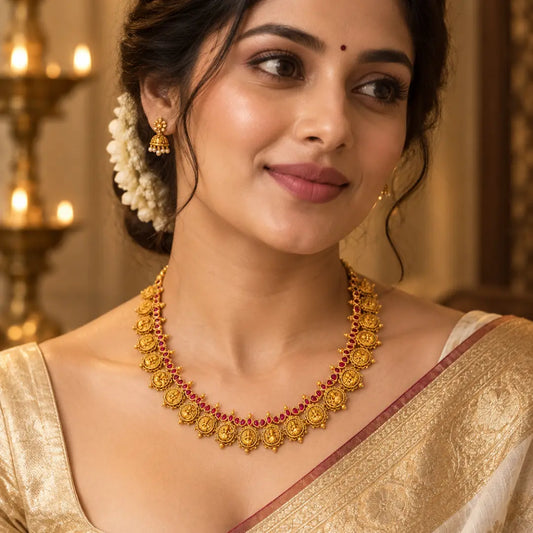 Subhadra Kasu Temple Jewellery Short Necklace Set with Coin Motifs K-1804