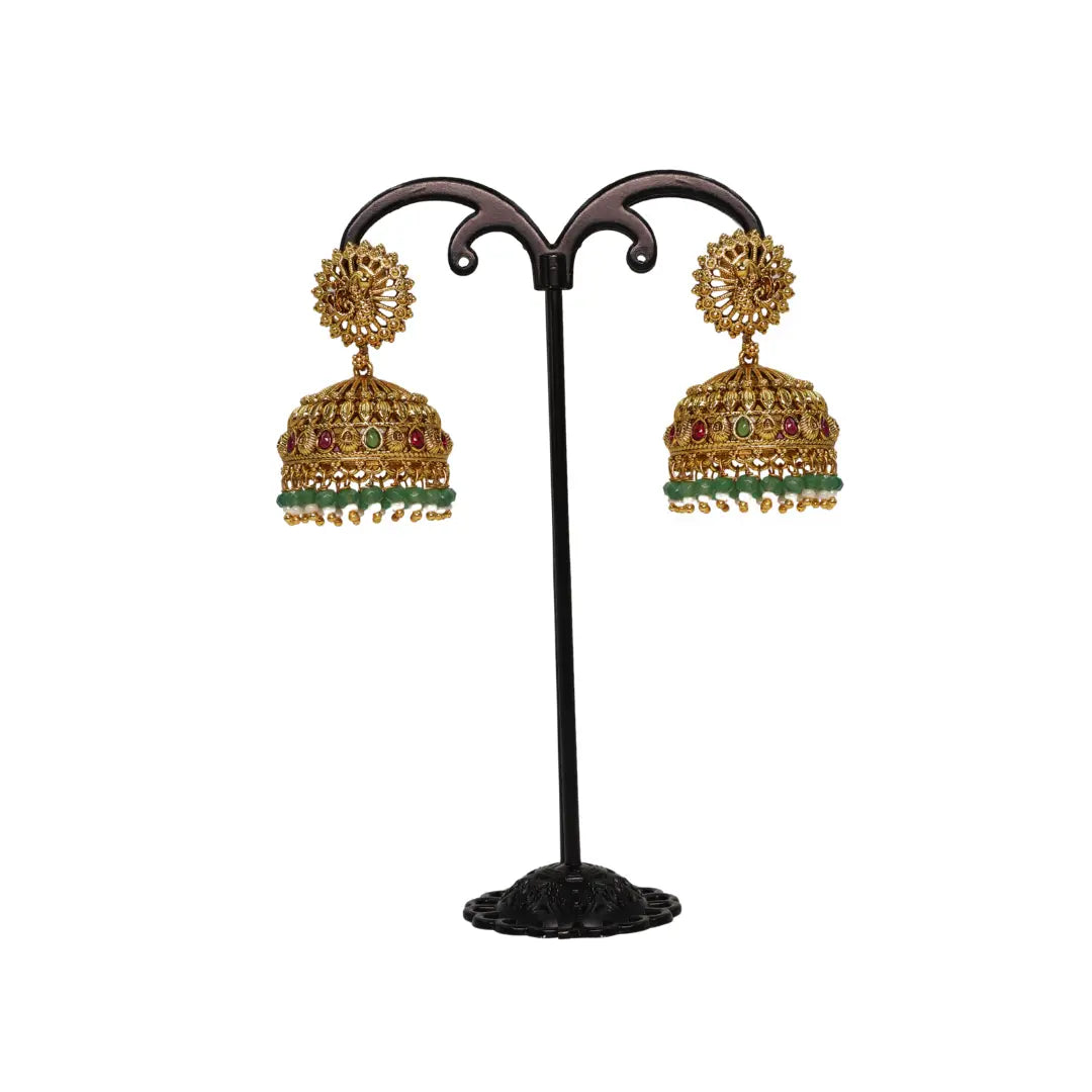 Temple Jhumka Earrings with Pink Stones & Green Beads R-2233