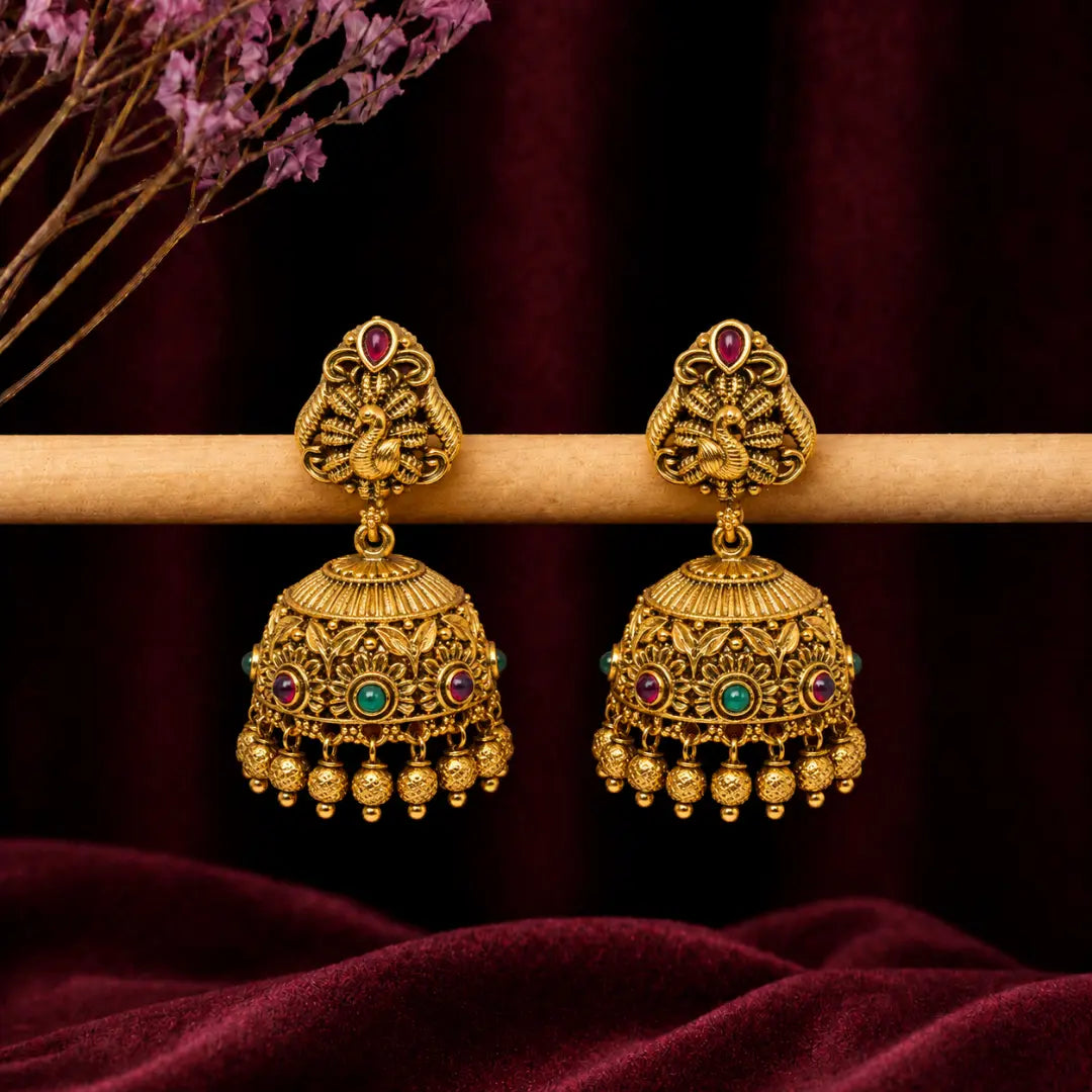 Gold-Plated Peacock Style Jhumka R-1129