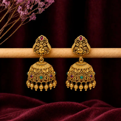 Gold-Plated Peacock Style Jhumka R-1129