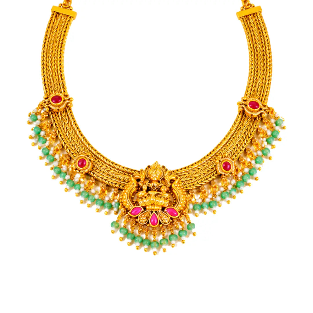 Lakshmi Temple Jewellery Short Necklace Set with Green Bead Drops