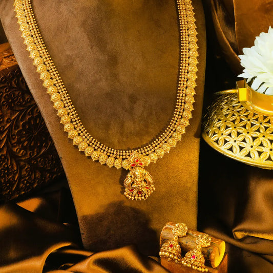 Antique Pachi Swarna Haar Long Necklace Set | Gold-Plated Temple Jewellery