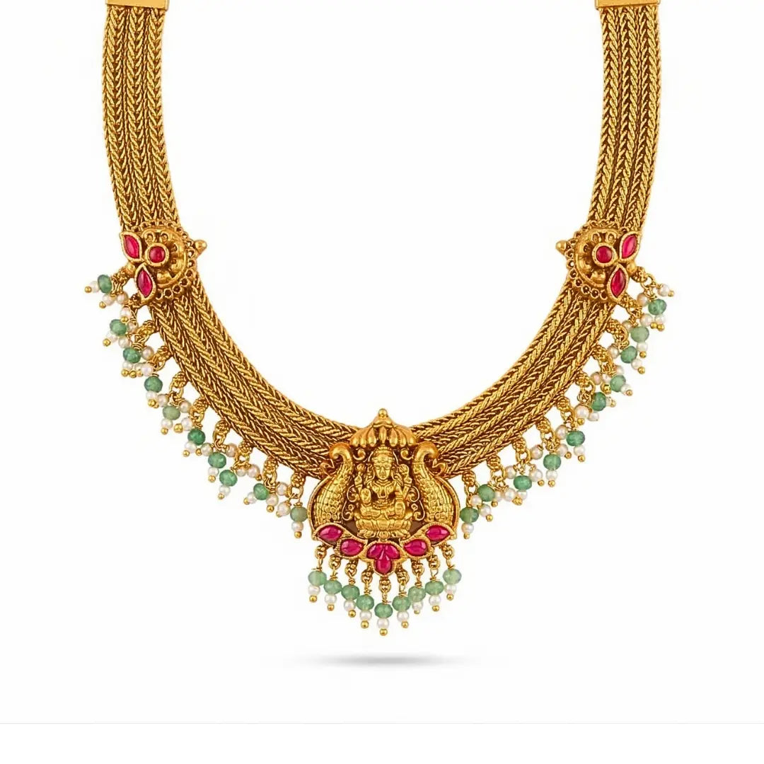 Lakshmi South Indian Temple Jewellery Short Necklace Set with Green Beads