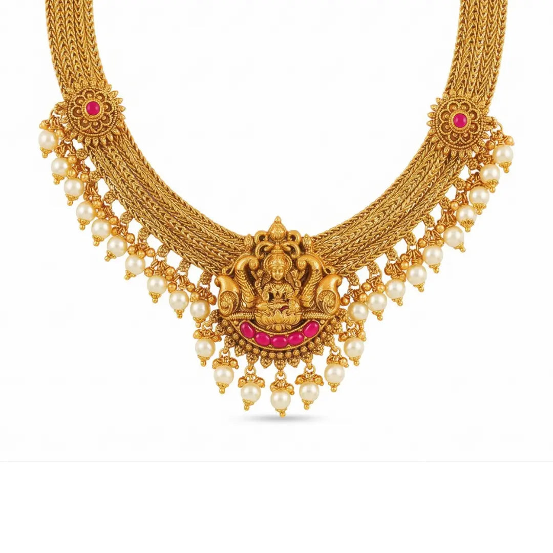 Lakshmi Temple Jewellery Short Necklace Set for South Indian Bridal Wear