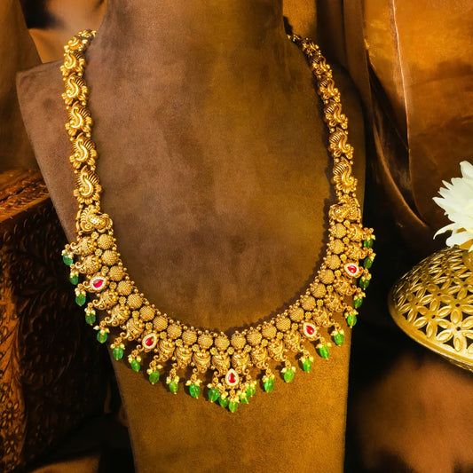 Navaratna Swarna Kamalam Haar Long Necklace Set | Gold-Plated Temple