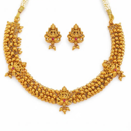 Traditional Temple Jewellery Short Necklace Set with Jhumka Earrings