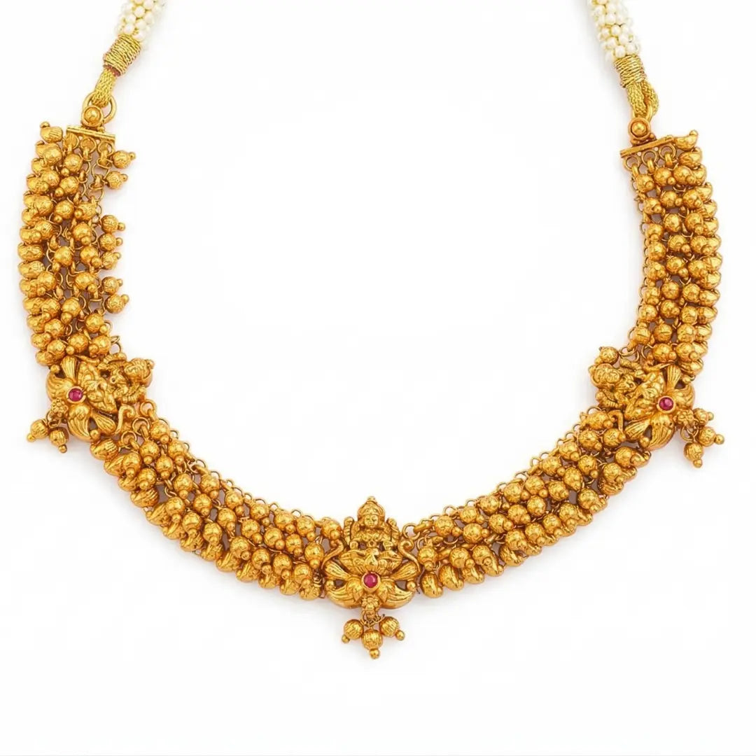 Traditional Temple Jewellery Short Necklace Set with Jhumka Earrings