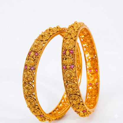 Padmavathi Rekha Paired Bangle | Gold-Plated Lotus Goddess Line Bangle Set V-2500