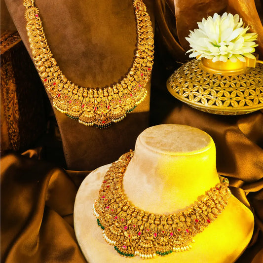 Muthu Navaratna Swarna Kanti Combo Necklace Set | Gold-Plated Temple