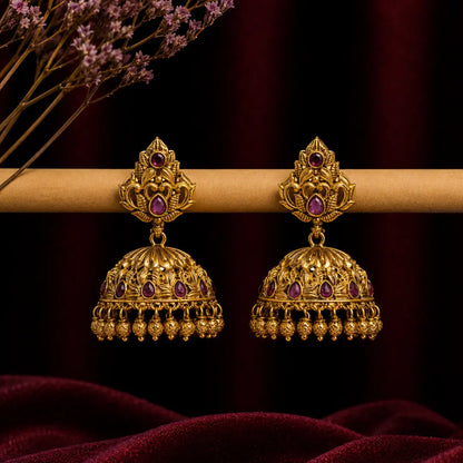 Antique-Finish Flower Petal Gold-Plated Jhumka V-328