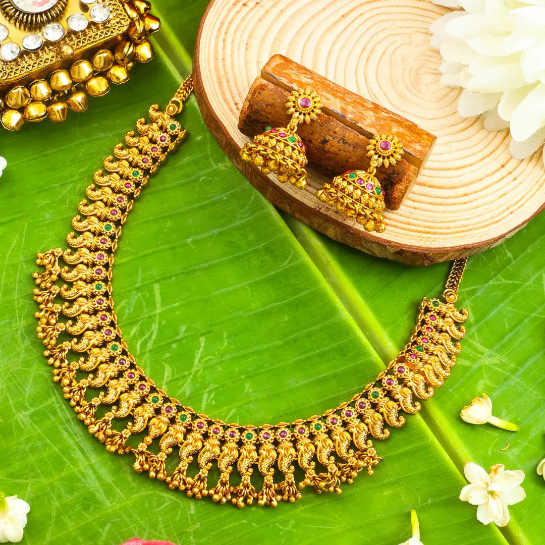 Mayura Dwiranga Temple Jewellery Short Necklace Set with Dual Tone