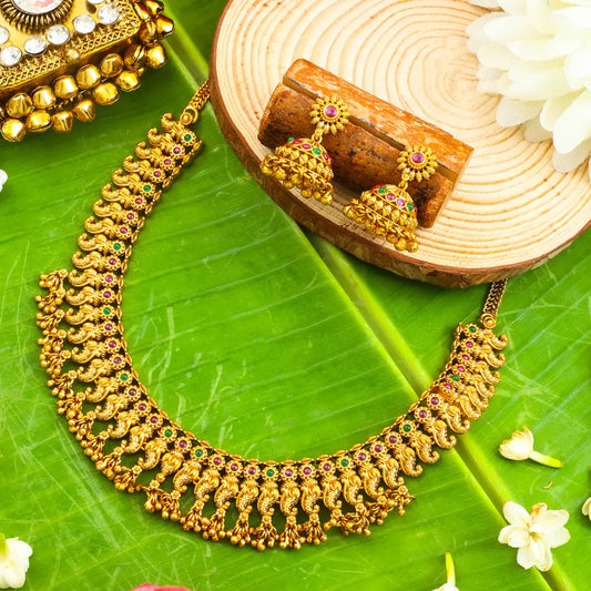 Mayura Dwiranga Temple Jewellery Short Necklace Set with Dual Tone