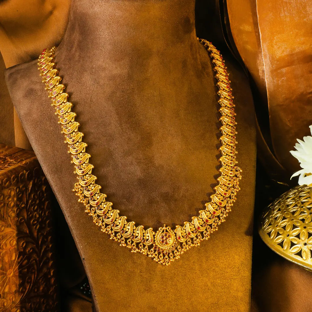 Antique Manga Swarna Mala Long Necklace Set | Gold-Plated Temple Jewellery  K-1884