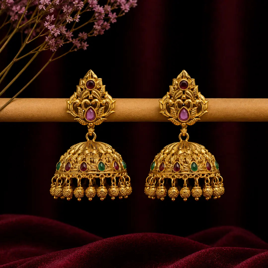Antique-Finish Flower Petal Gold-Plated Jhumka V-328