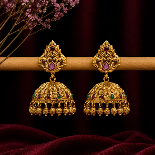 Antique-Finish Flower Petal Gold-Plated Jhumka V-328