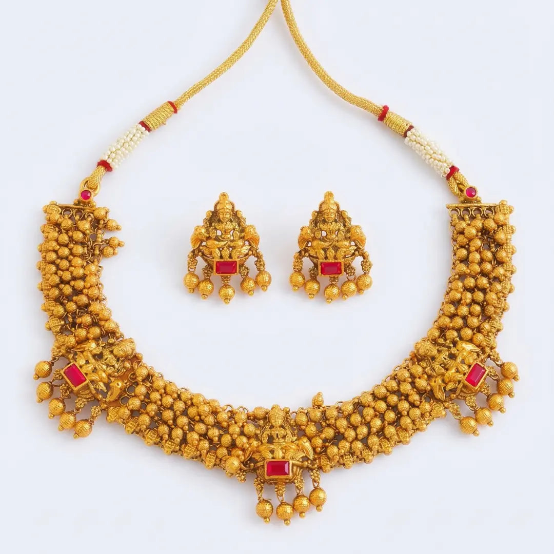 Lakshmi Temple Jewellery Short Necklace Set with Ruby Stone Jhumkas