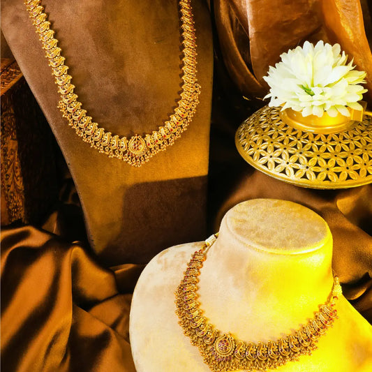  Swarna Navaratna Kodi Kanti Combo Necklace Set | Gold-Plated Temple K-1883N