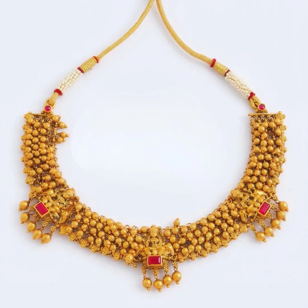 Lakshmi Temple Jewellery Short Necklace Set with Ruby Stone Jhumkas
