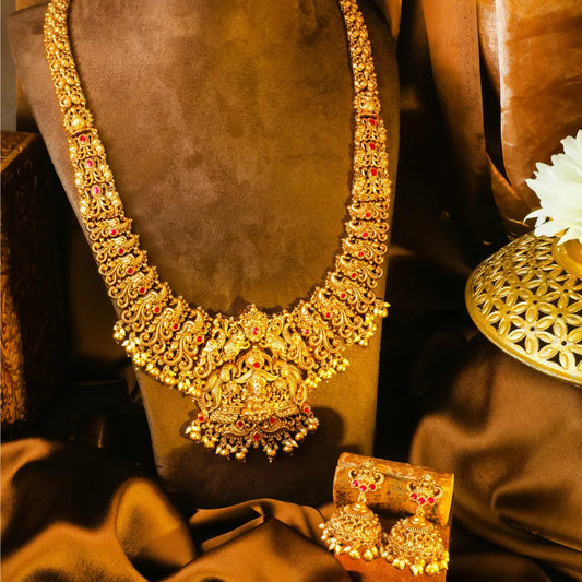 Muthu Kamalam Swarna Kanti Long Necklace Set | Gold-Plated Temple  J-1050