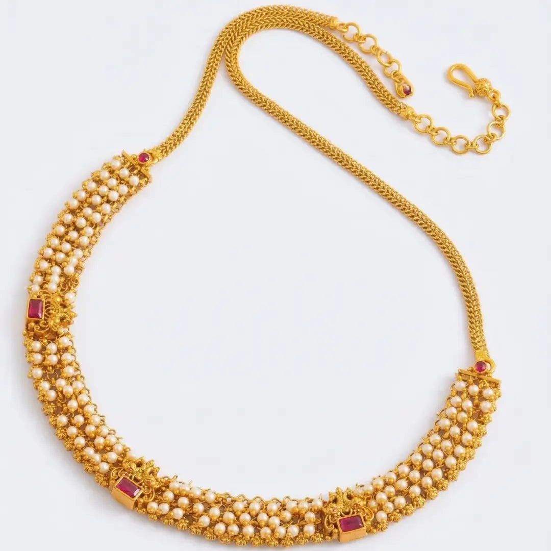 Antique Temple Jewellery Short Necklace Set with Pearl Detailing