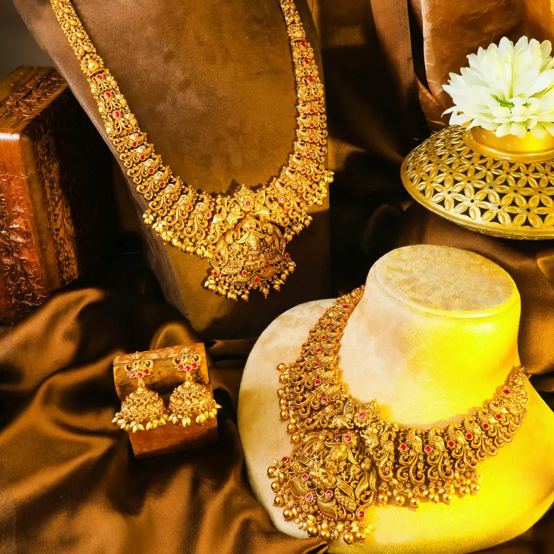 Swarna Antique Manga Haar Combo Necklace Set | Gold-Plated Temple J-1049N