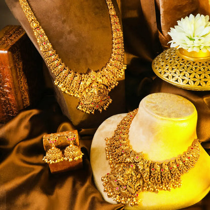 Swarna Antique Manga Haar Combo Necklace Set | Gold-Plated Temple J-1049N