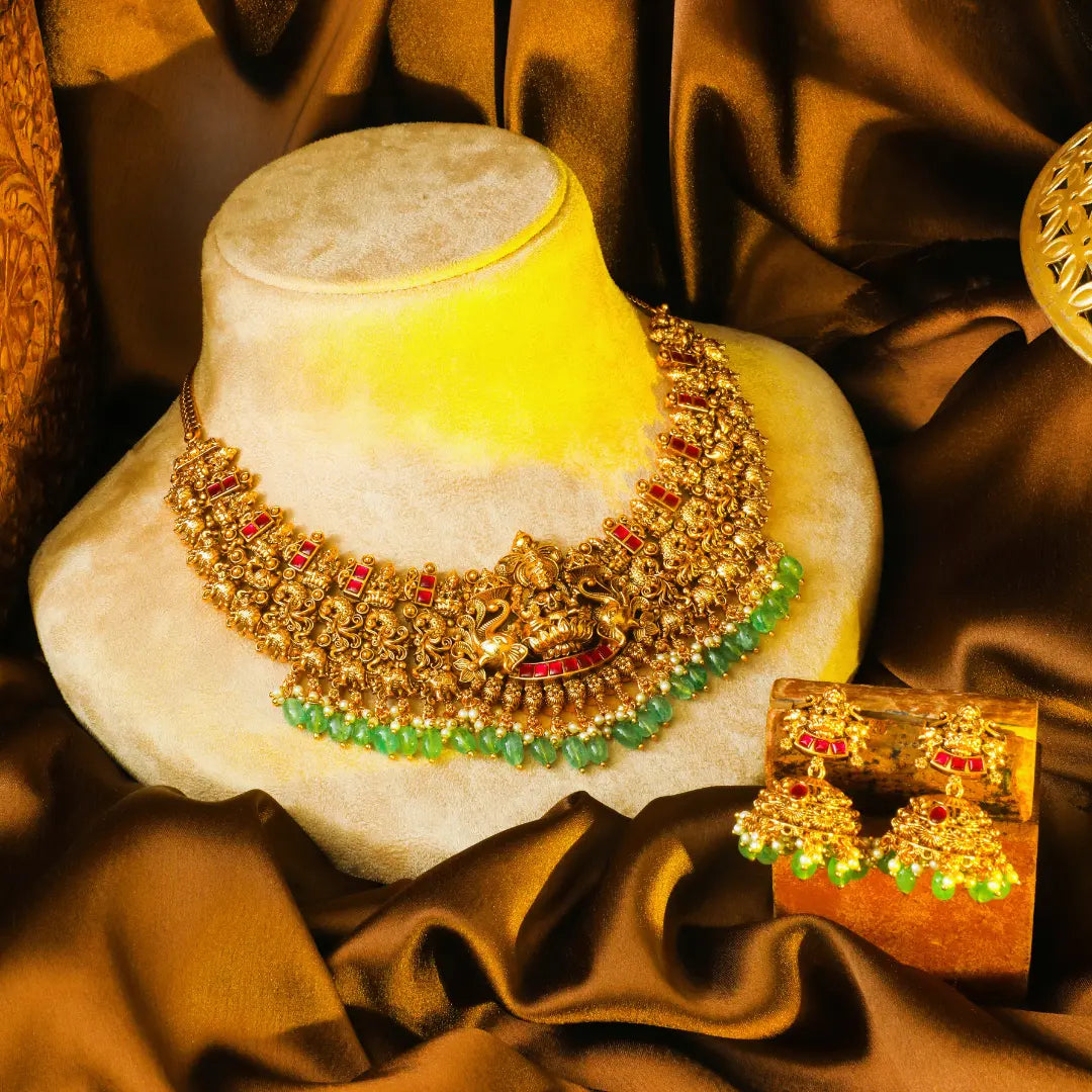 Navaratna Pachi Swarna Mala Short Necklace Set | Gold-Plated Temple J-1037