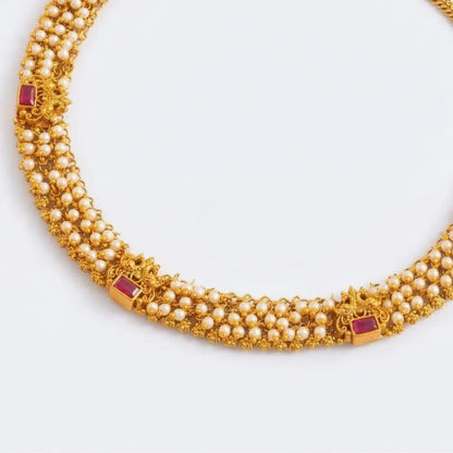 Antique Temple Jewellery Short Necklace Set with Pearl Detailing