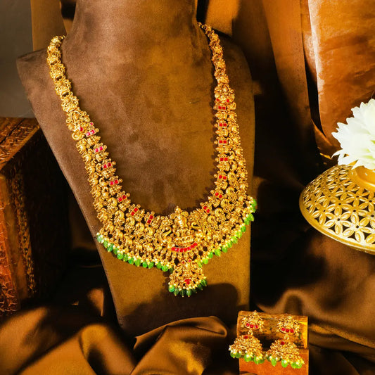 Swarna Kodi Kamalam Haar Long Necklace Set | Gold-Plated Temple Jewellery J-1038