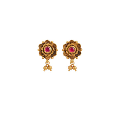 South Indian Temple Jewellery Short Necklace Set with Ruby Motifs