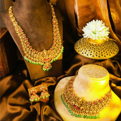 Antique Muthu Swarna Kanti Combo Necklace Set | Gold-Plated Temple J-1037N