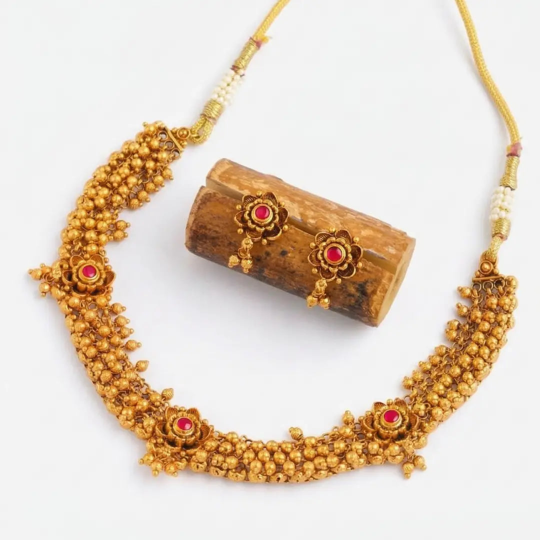 South Indian Temple Jewellery Short Necklace Set with Ruby Motifs