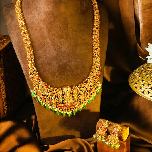  Swarna Kamalam Pachi Mala Haar Long Necklace Set | Gold-Plated Temple J-1016